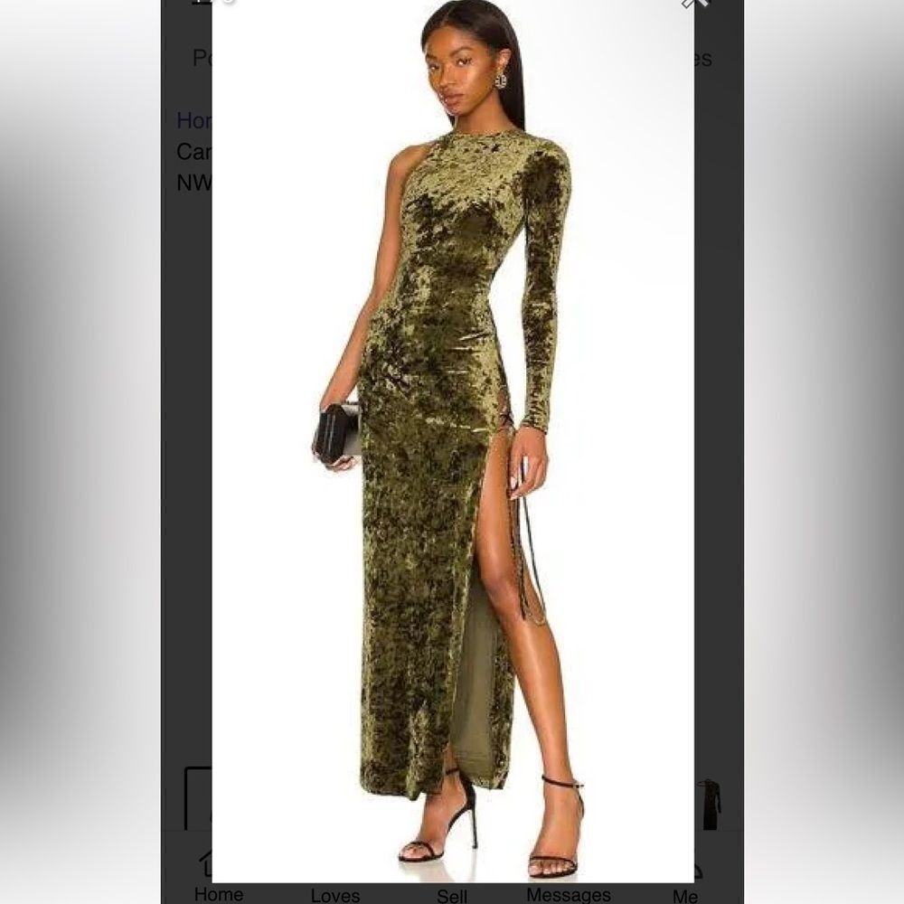 Camila Coelho Revolve Gabriel Maxi Olive Green crushed velvet lace up dress S - Picture 6 of 16